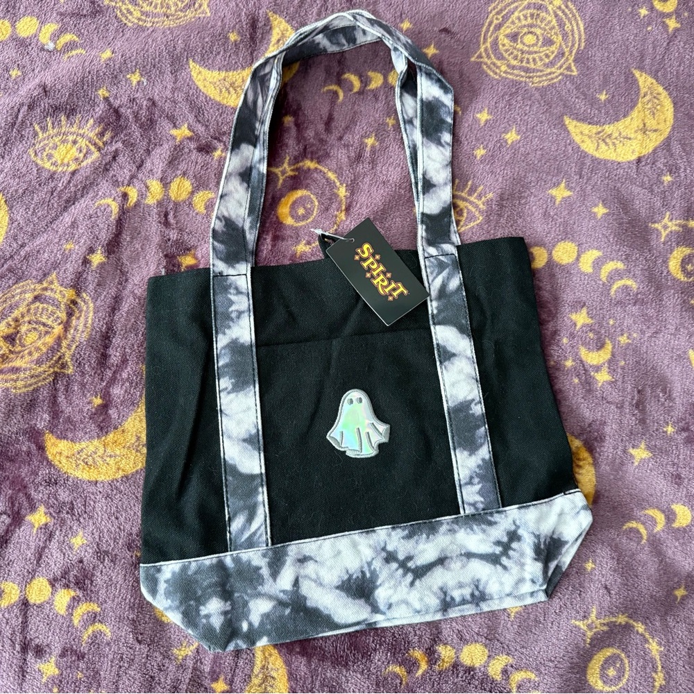 👻🎃Spirt Halloween Store 2025🎃👻Black and Gray Mini Tote Bag with Ghost Patch